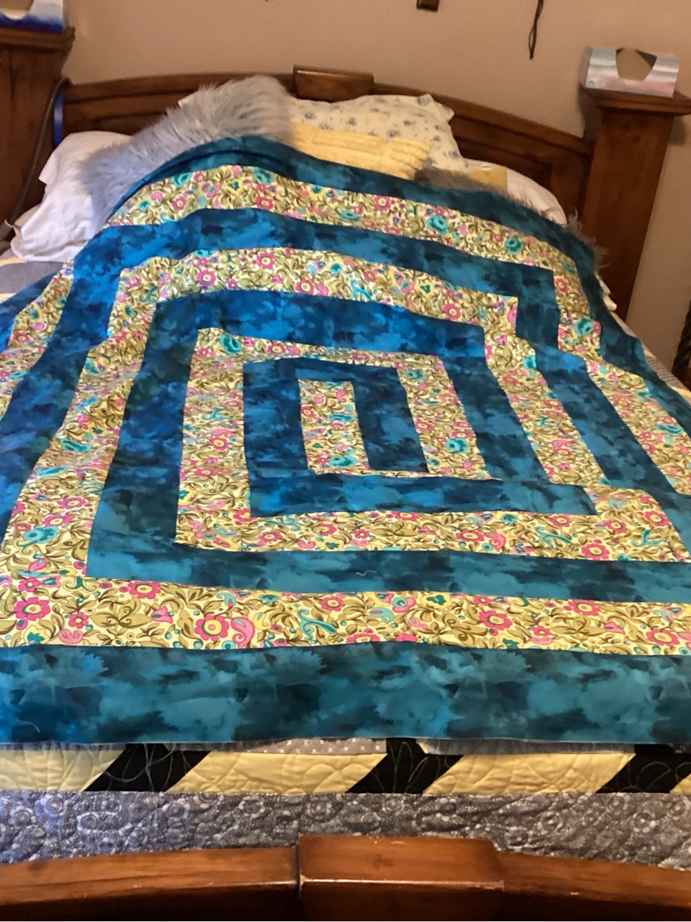 HAND PIECED  - ONE OF A KIND 
Teal Floral Patchwork Quilt